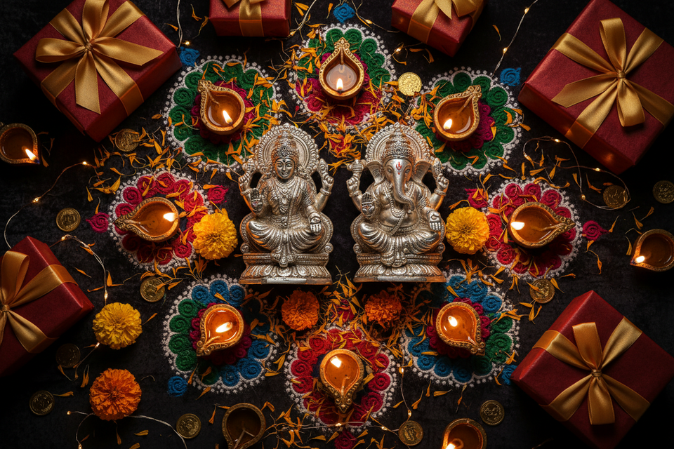 Diwali spiritual gifts – brass Lakshmi Ganesh idol with diyas and rangoli – My Guru Ji