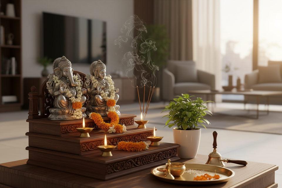 Beautiful home mandir setup with brass idols, diyas and marigold flowers – My Guru Ji