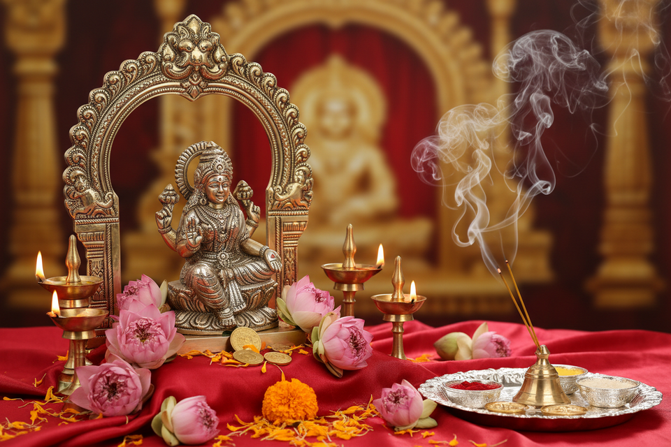 Maa Lakshmi brass idol with ornate arch on sacred altar with lotus flowers and diyas – My Guru Ji