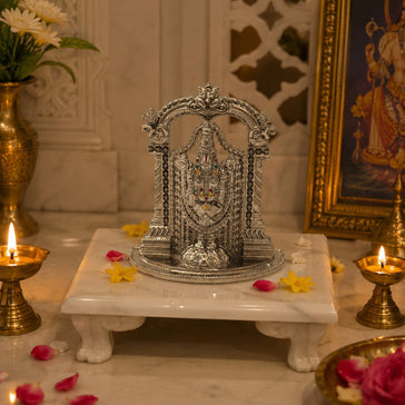 Tirupati Balaji brass idol with temple arch on home mandir altar – My Guru Ji