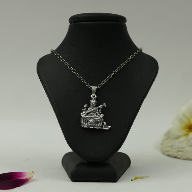 Silver Plated Brass Goddess Saraswati Veena Pendant | Symbol of Wisdom & Knowledge | Pendant Only