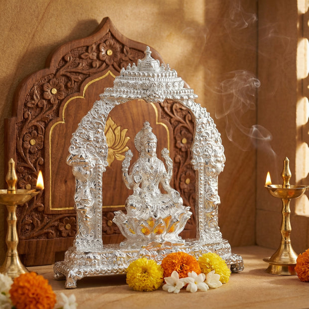 Divine Goddess Lakshmi Idol with Ornate Arch – Handcrafted Pooja Murti for Home & Temple