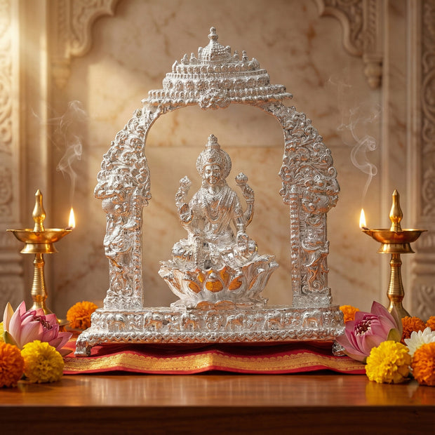 Divine Goddess Lakshmi Idol with Ornate Arch – Handcrafted Pooja Murti for Home & Temple