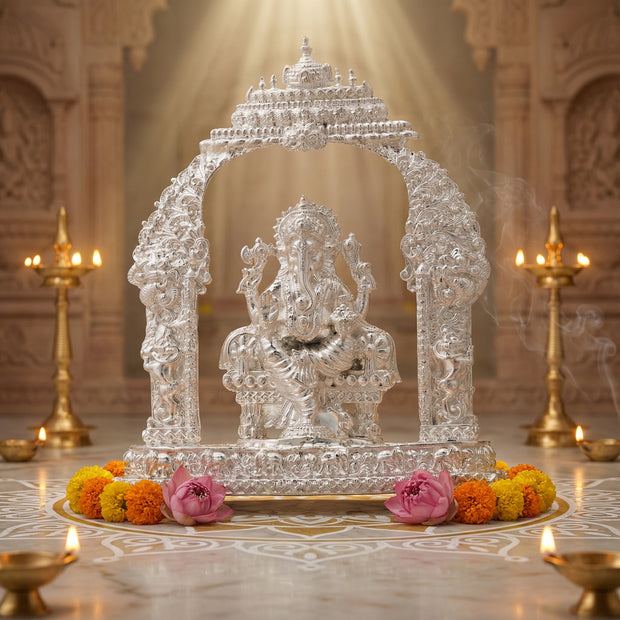 Divine Lord Ganesha Idol with Ornate Arch – Handcrafted Vighnaharta Murti for Pooja & Gifting