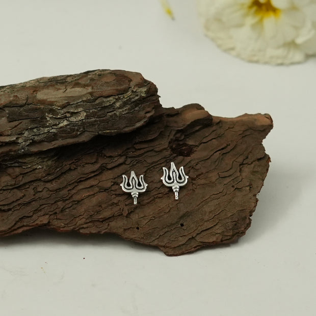 Trishul Design Stud Earrings with Silver Finish | Mahadev Spiritual Jewelry