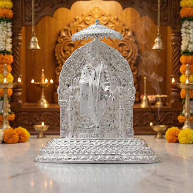Shirdi Sai Baba Idol with Ornate Back Panel & Chhatra – Handcrafted Murti for Pooja & Gifting