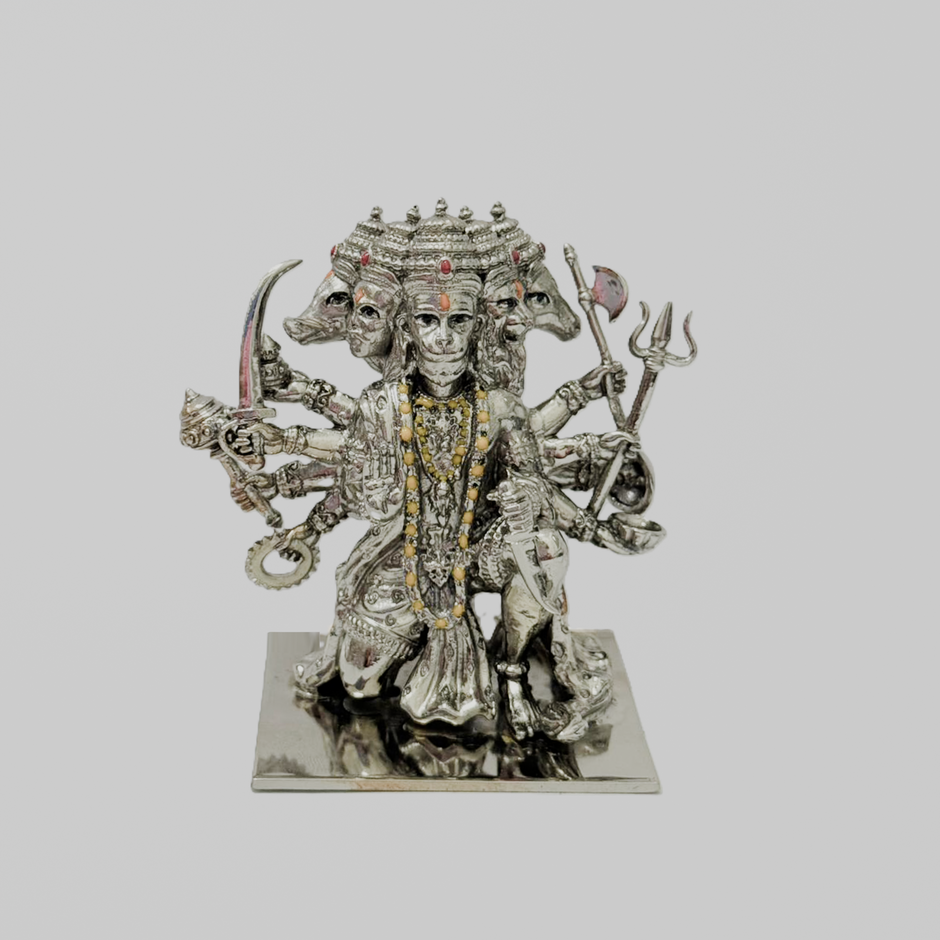 Panchmukhi Hanuman Idol in Brass with Silver Finish – Multi-Face Hanuman Ji Murti for Home & Office
