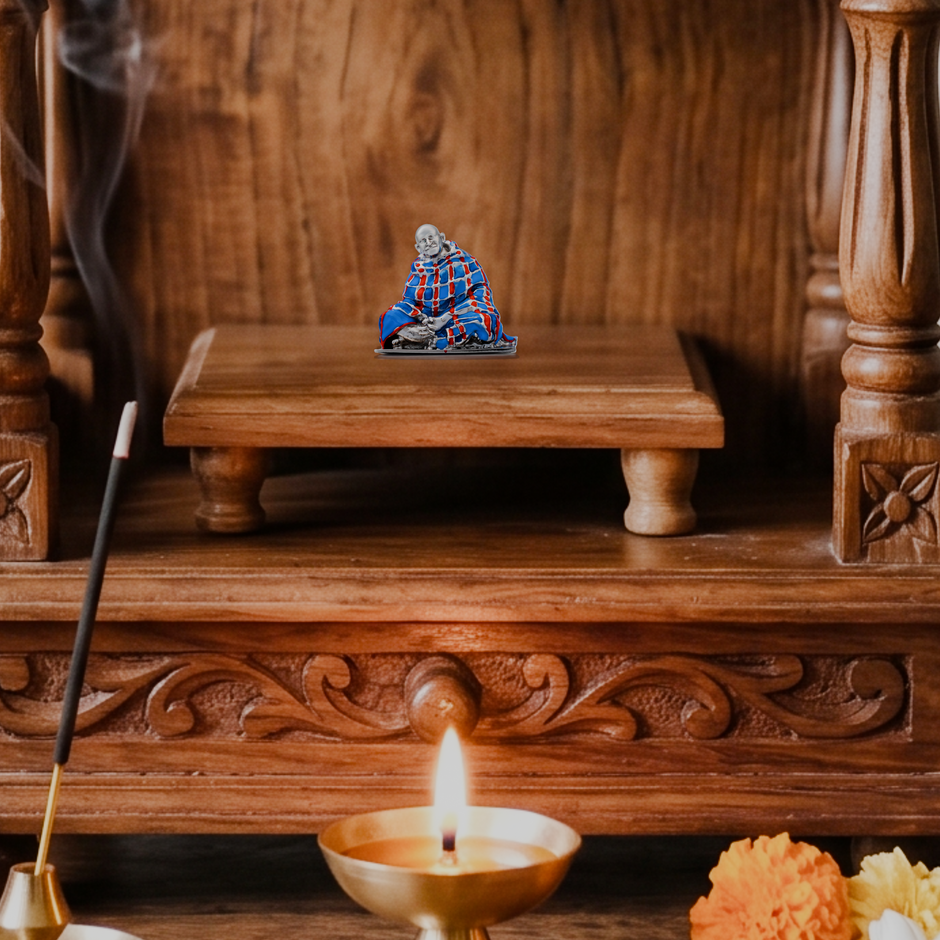 Neem Karoli Baba With Blanket in Silver Finish Hand-Painted Brass Idol | Guru Ji Murti