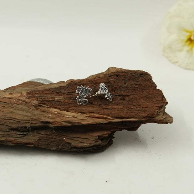 Trishul Om Silver Stud Earrings | Shiva Trident Spiritual Jewellery
