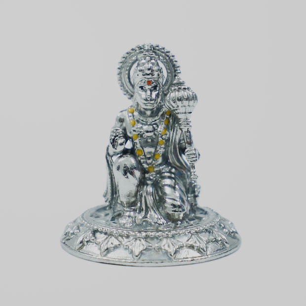 Hanuman Ji Silver Finish Brass Idol | Bajrangbali Murti with Gada for Home Temple