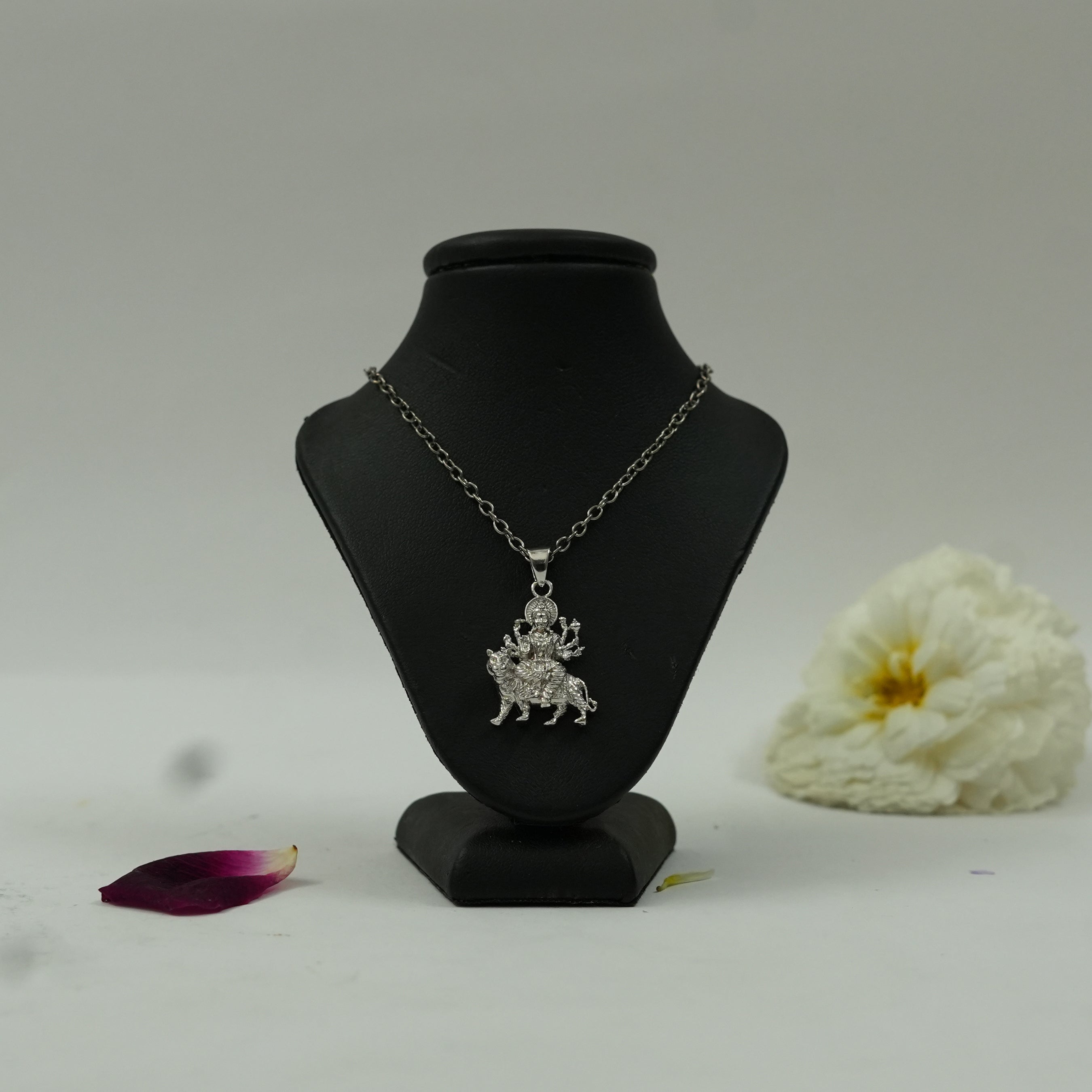 Divine Maa Durga Pendant in Brass with Silver Finish – Lion Design (Pendant Only)
