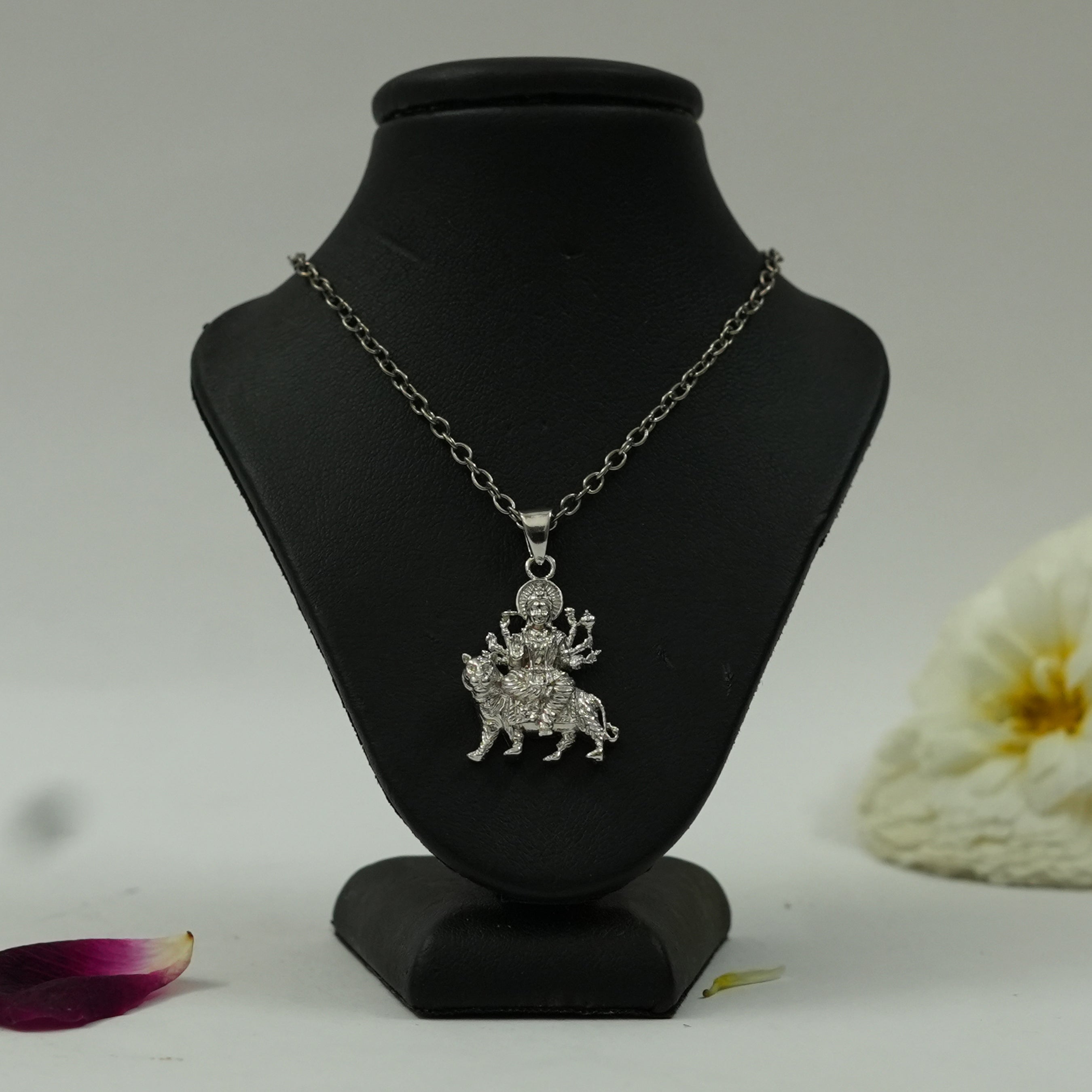 Divine Maa Durga Pendant in Brass with Silver Finish – Lion Design (Pendant Only)