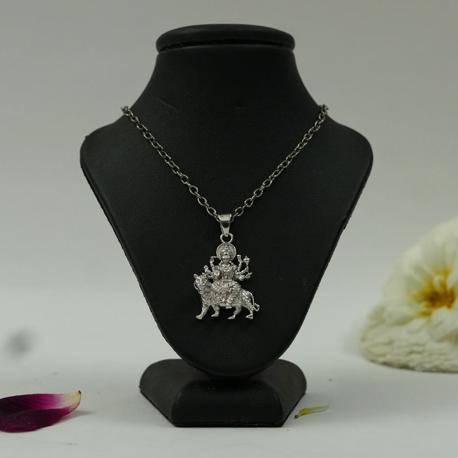 Divine Maa Durga Pendant in Brass with Silver Finish – Lion Design (Pendant Only)