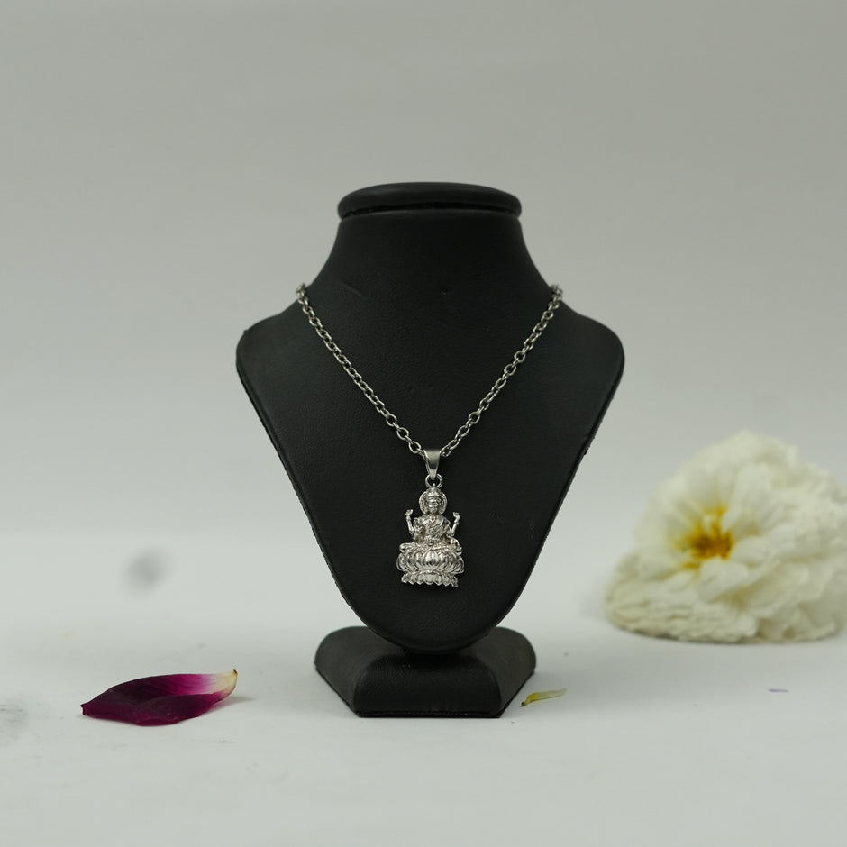 Divine Maa Lakshmi Pendant in Brass with Silver Finish – Lotus Design Pendant Only