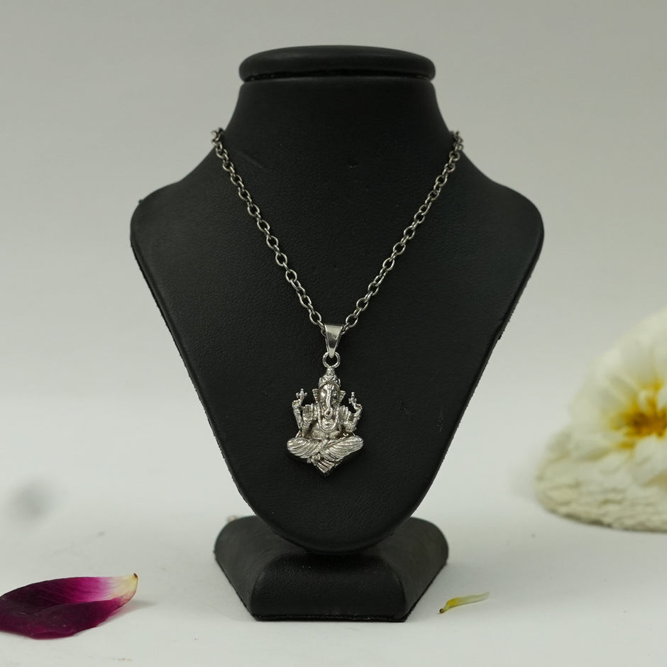 Divine Lotus Seated Lord Ganesha Pendant in Brass with Silver Finish – Pendant Only