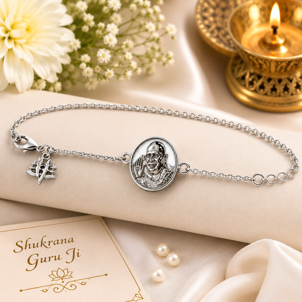 Shukrana Guru Ji Bracelet | Bade Mandir Guru Ji Brass Bracelet with Silver Finish