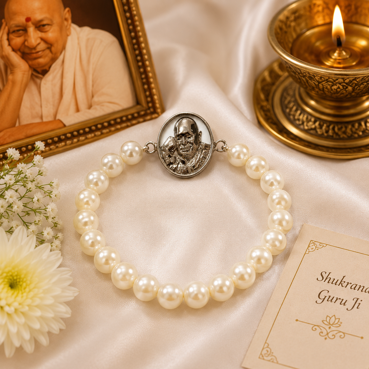 Shukrana Guru Ji Pearl Bracelet | Bade Mandir Guru Ji Brass Charm with Silver Finish