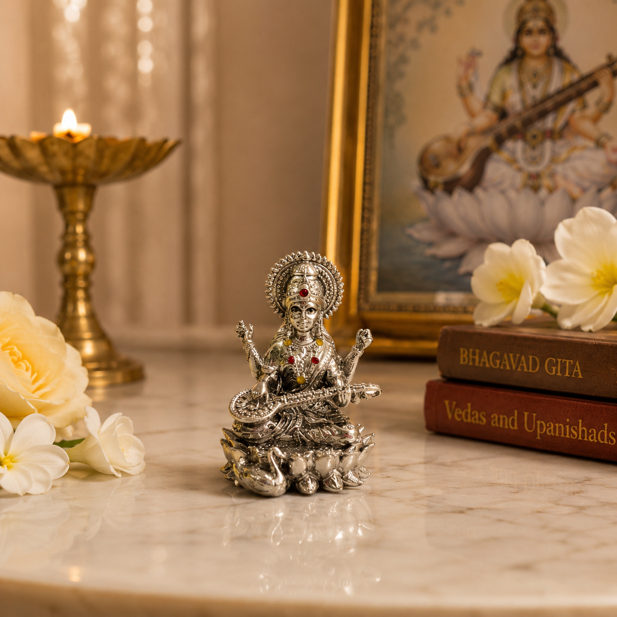 Maa Saraswati Idol | Premium Brass Idol with Silver Finish | Goddess of Knowledge & Wisdom Murti