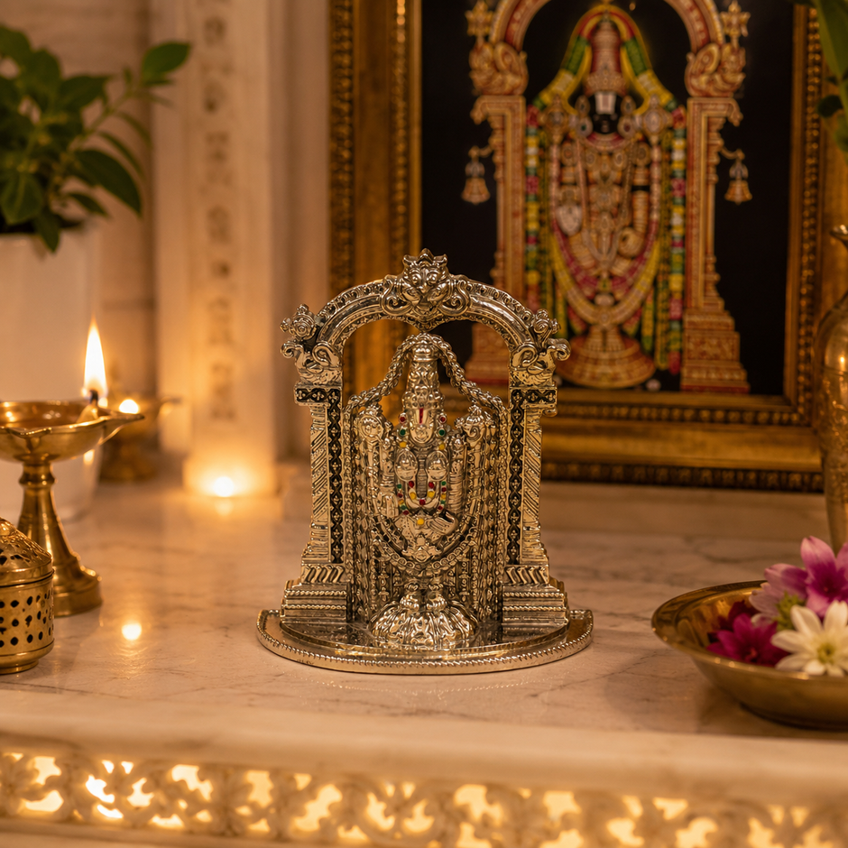 Tirupati Balaji Idol with Temple Arch | Premium Brass Murti with Silver Finish | Lord Venkateswara Statue