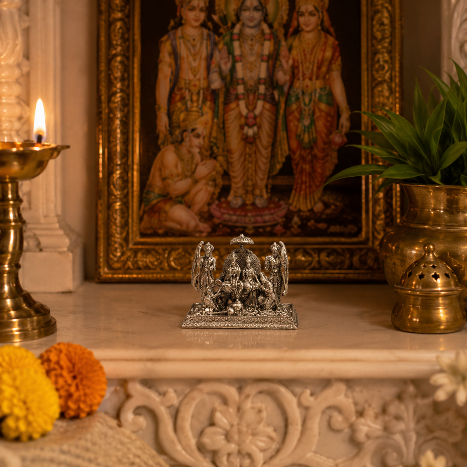 Ram Darbar Idol | Premium Brass Murti with Silver Finish | Lord Ram, Sita, Lakshman & Hanuman Statue