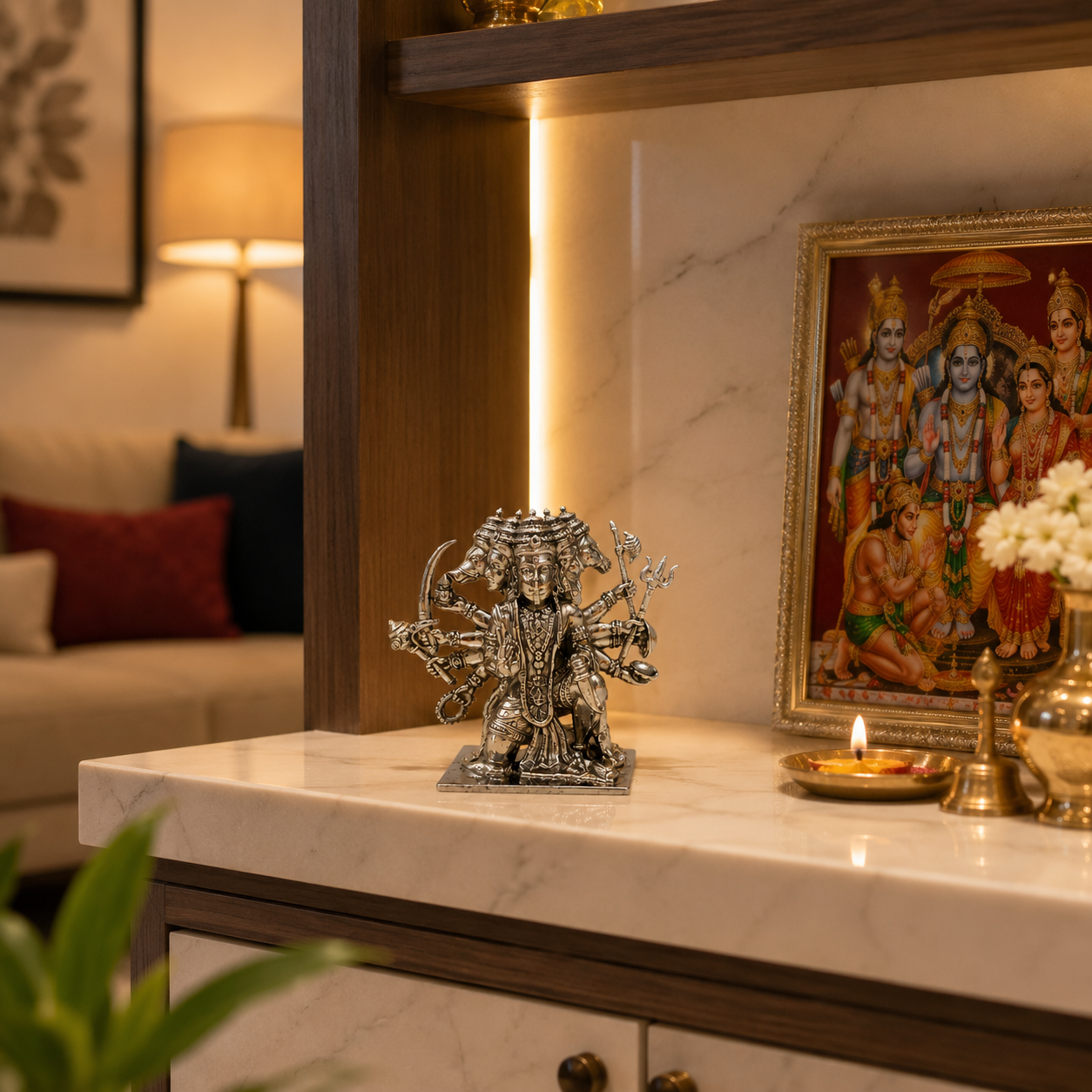 Panchmukhi Hanuman Idol | Premium Brass Murti with Silver Finish | Five-Faced Hanuman Statue