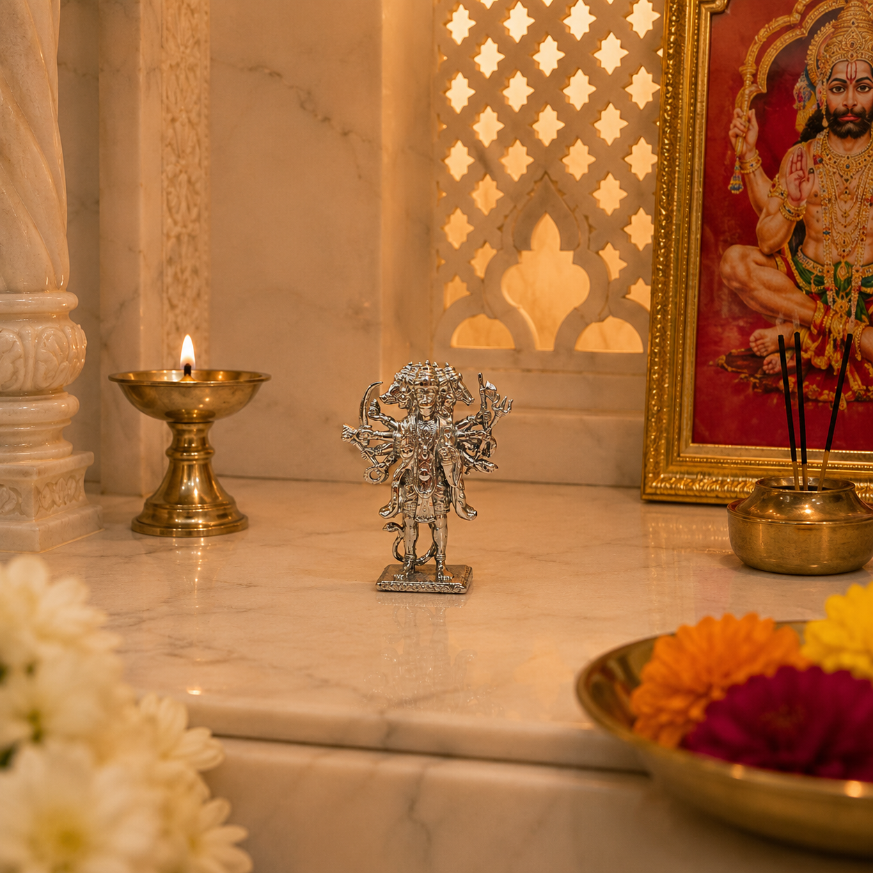 Standing Small Size Panchmukhi Hanuman Idol | Premium Brass Murti with Silver Finish | Five-Faced Hanuman Statue for Home Temple