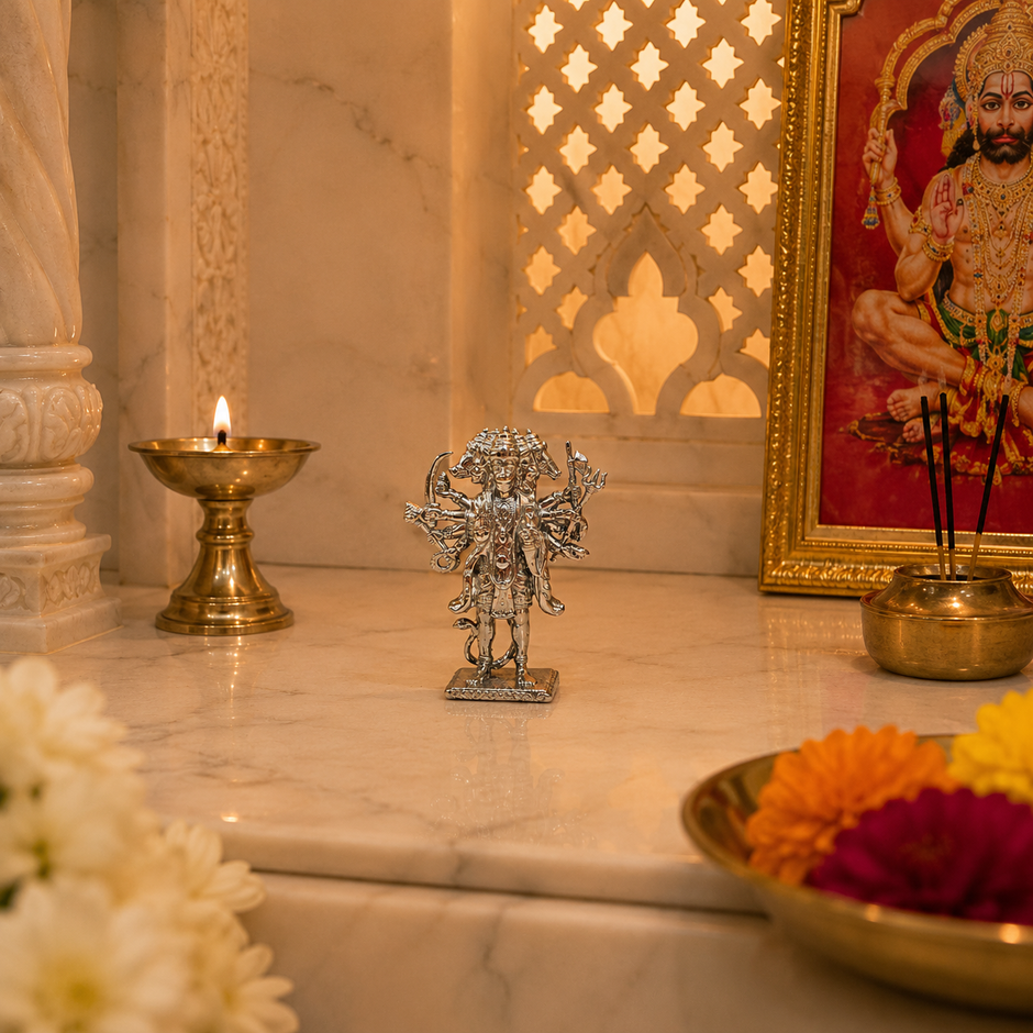 Standing Small Size Panchmukhi Hanuman Idol | Premium Brass Murti with Silver Finish | Five-Faced Hanuman Statue for Home Temple