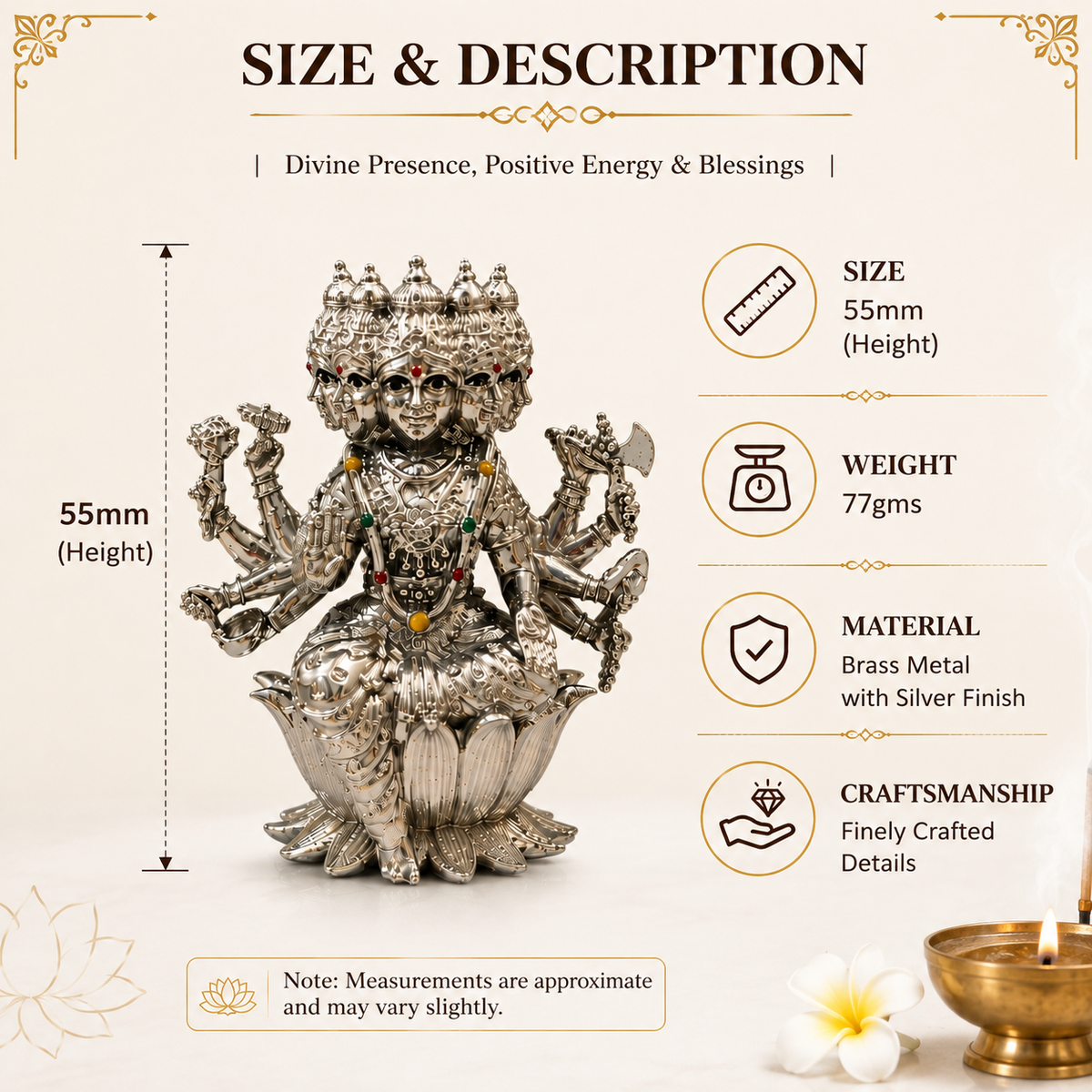 Maa Gayatri Idol | Premium Brass Idol with Silver Finish | Panchmukhi Gayatri Mata Murti for Home Temple