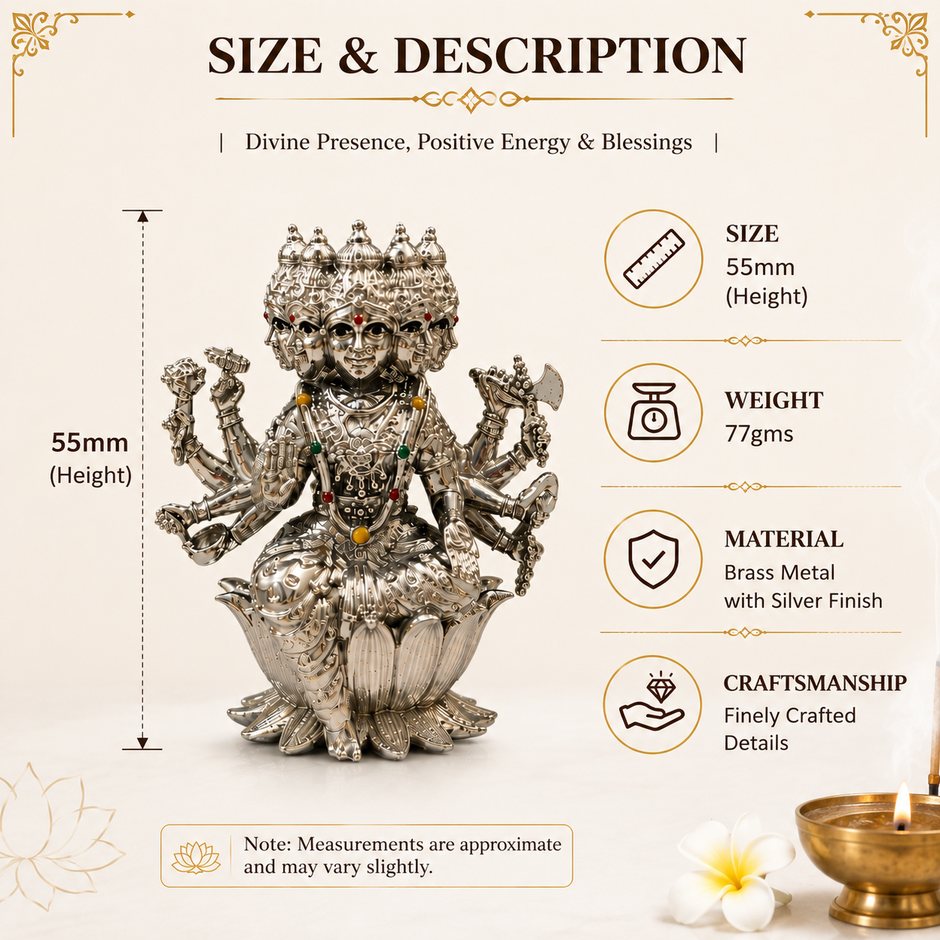 Maa Gayatri Idol | Premium Brass Idol with Silver Finish | Panchmukhi Gayatri Mata Murti for Home Temple