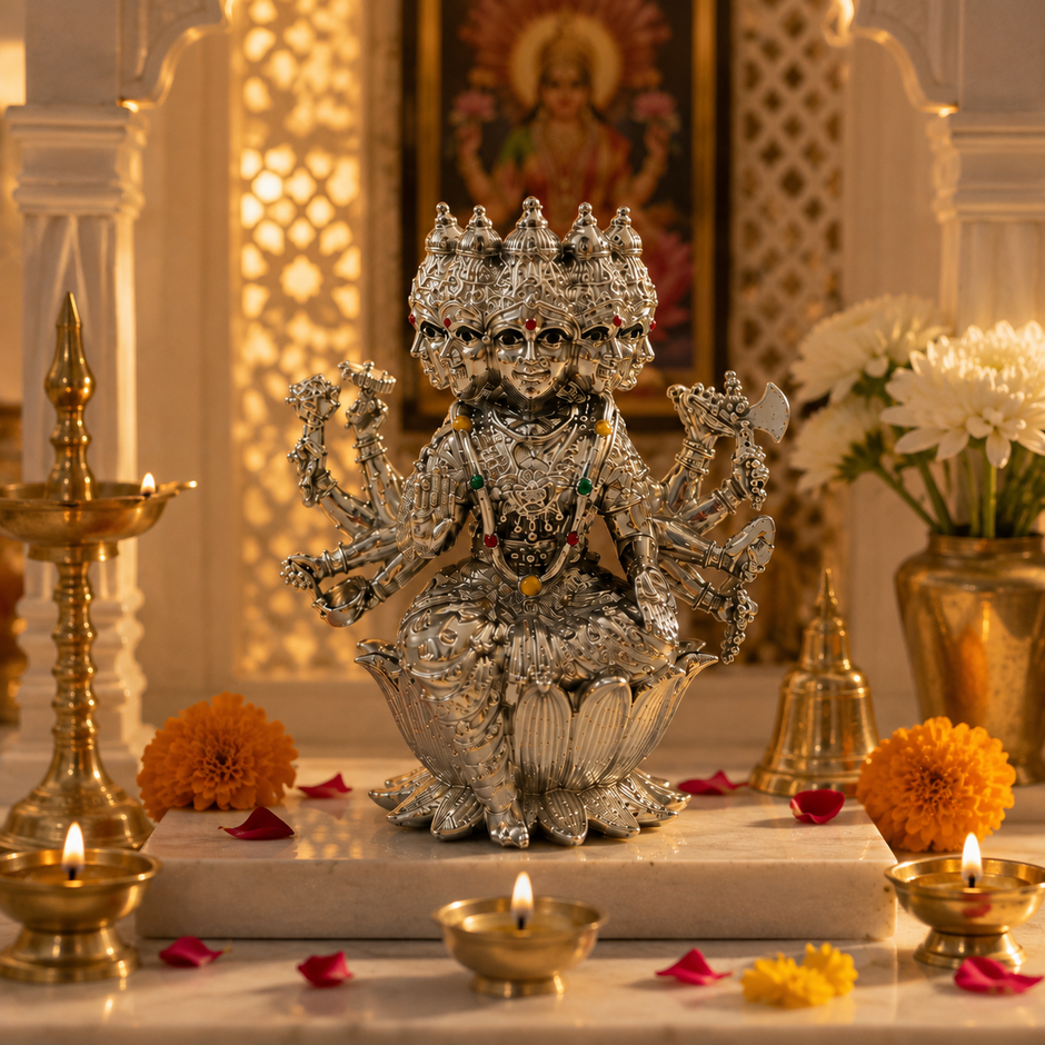 Maa Gayatri Idol | Premium Brass Idol with Silver Finish | Panchmukhi Gayatri Mata Murti for Home Temple