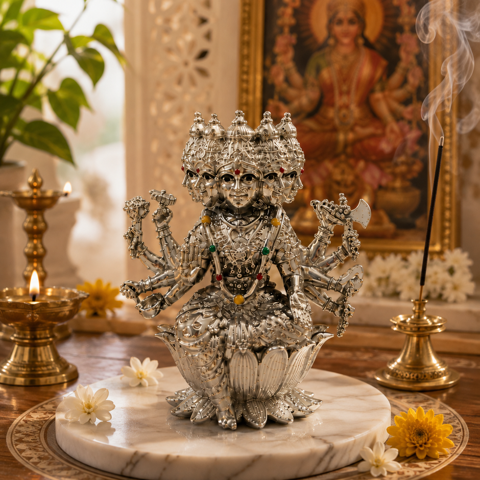 Maa Gayatri Idol | Premium Brass Idol with Silver Finish | Panchmukhi Gayatri Mata Murti for Home Temple