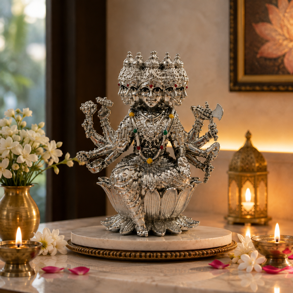 Maa Gayatri Silver Finish Brass Murti on decorative marble plate with diya and marigold offerings