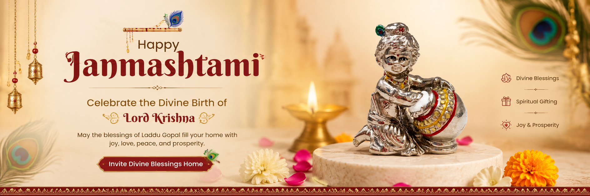 Janmashtami Laddu Gopal idol with festive decorations – shop Krishna idols, pendants and devotional gifts online at My Guru Ji