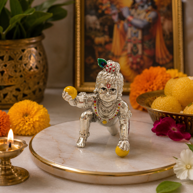 Laddu Gopal Crawling Baby Krishna Idol in Silver Finish with Peacock Crown and Gemstone Jewellery on Marble Base