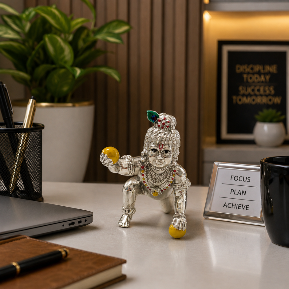 Silver-finish Laddu Gopal Krishna Murti beautifully displayed on a modern office desk