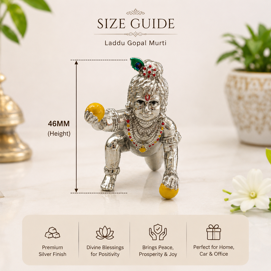 46mm Laddu Gopal Murti size guide showing the compact silver-finish Krishna idol for home, office or car