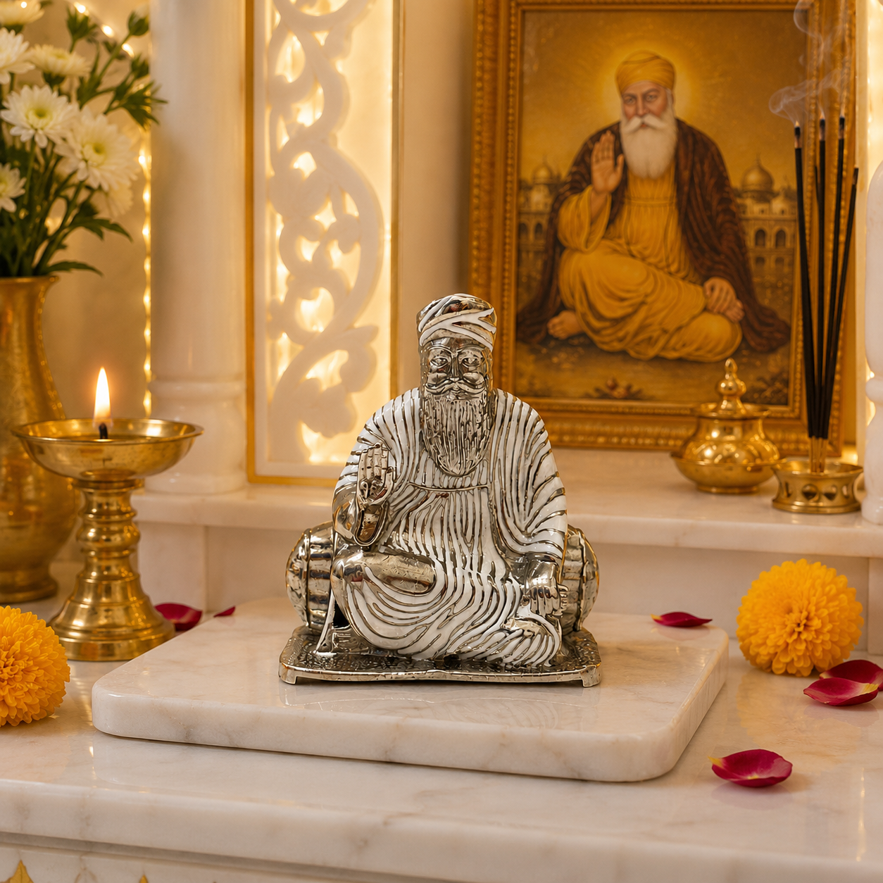Guru Nanak Dev Ji Idol in Silver Finish displayed on home mandir with brass diyas, marigold flowers and incense sticks for Gurpurab puja
