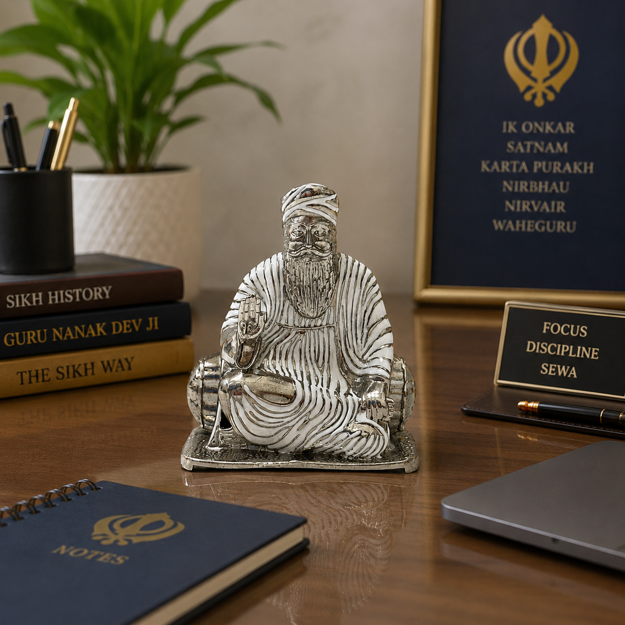 Guru Nanak Dev Ji Brass Murti with Silver Finish on office desk with Ik Onkar frame and Sikh history books, ideal for workplace devotion