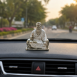 Guru Nanak Dev Ji Silver Finish Brass Idol placed on car dashboard, compact devotional murti for travel blessings and protection