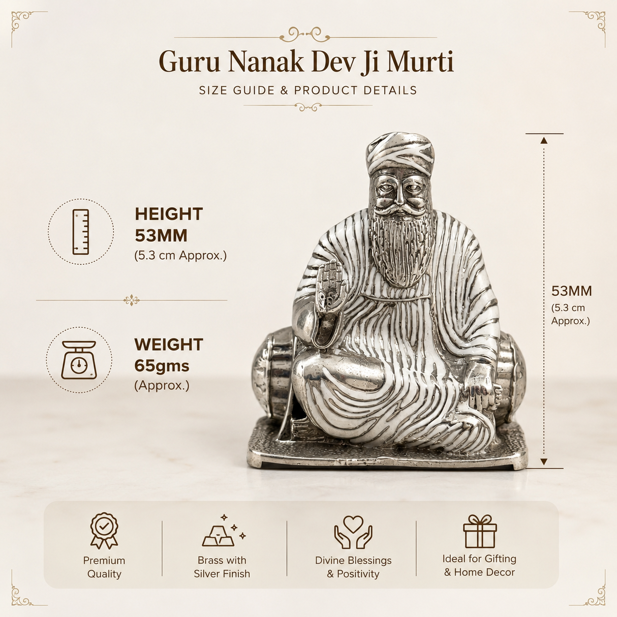 Guru Nanak Dev Ji Murti size guide showing height 53mm and weight 65gms, brass with silver finish, premium quality idol ideal for gifting and home decor
