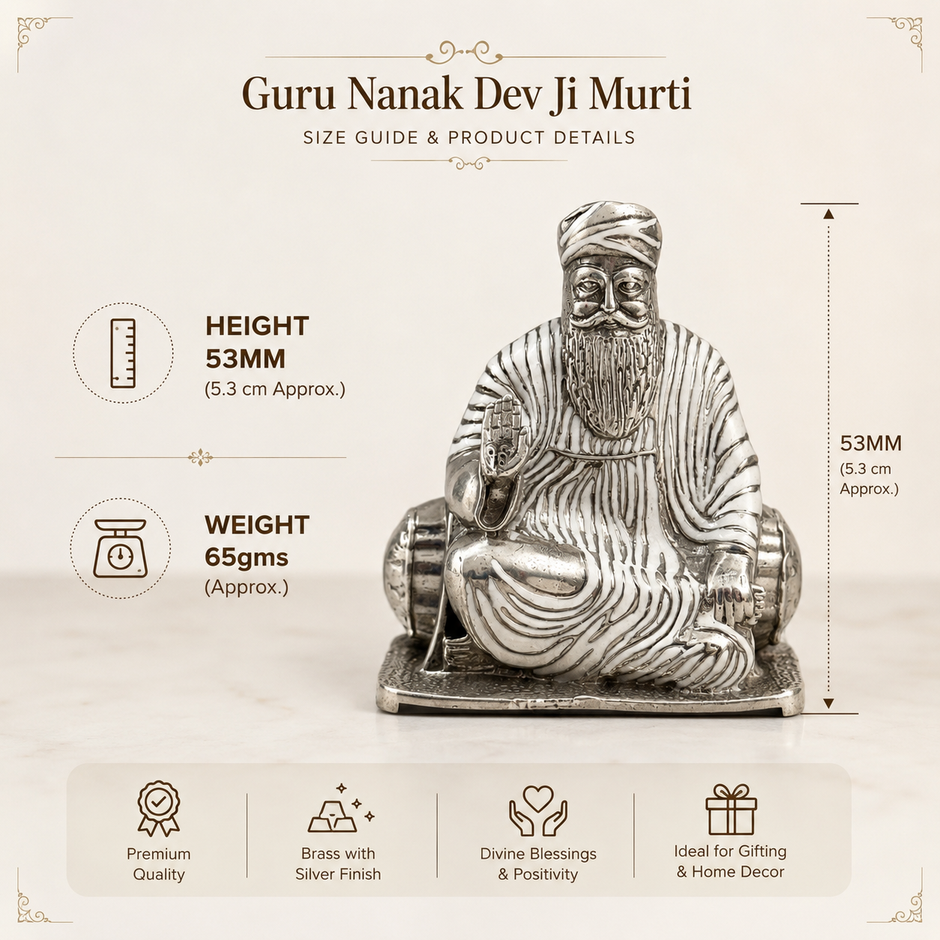 Guru Nanak Dev Ji Murti size guide showing height 53mm and weight 65gms, brass with silver finish, premium quality idol ideal for gifting and home decor