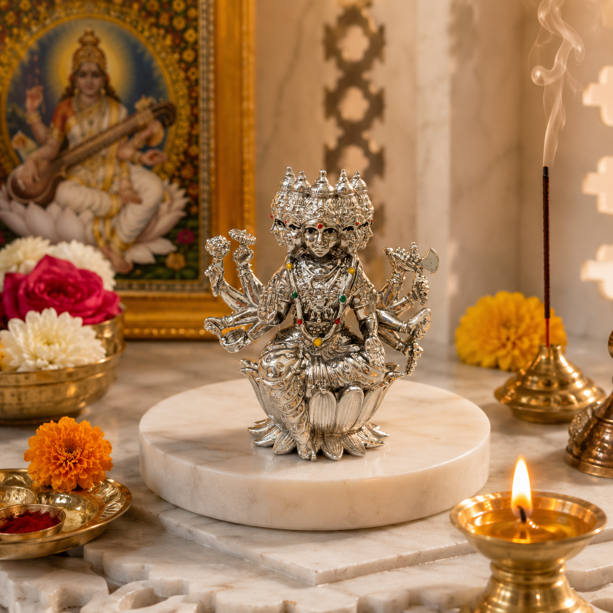 Maa Gayatri Idol | Premium Brass Idol with Silver Finish | Panchmukhi Gayatri Mata Murti for Home Temple