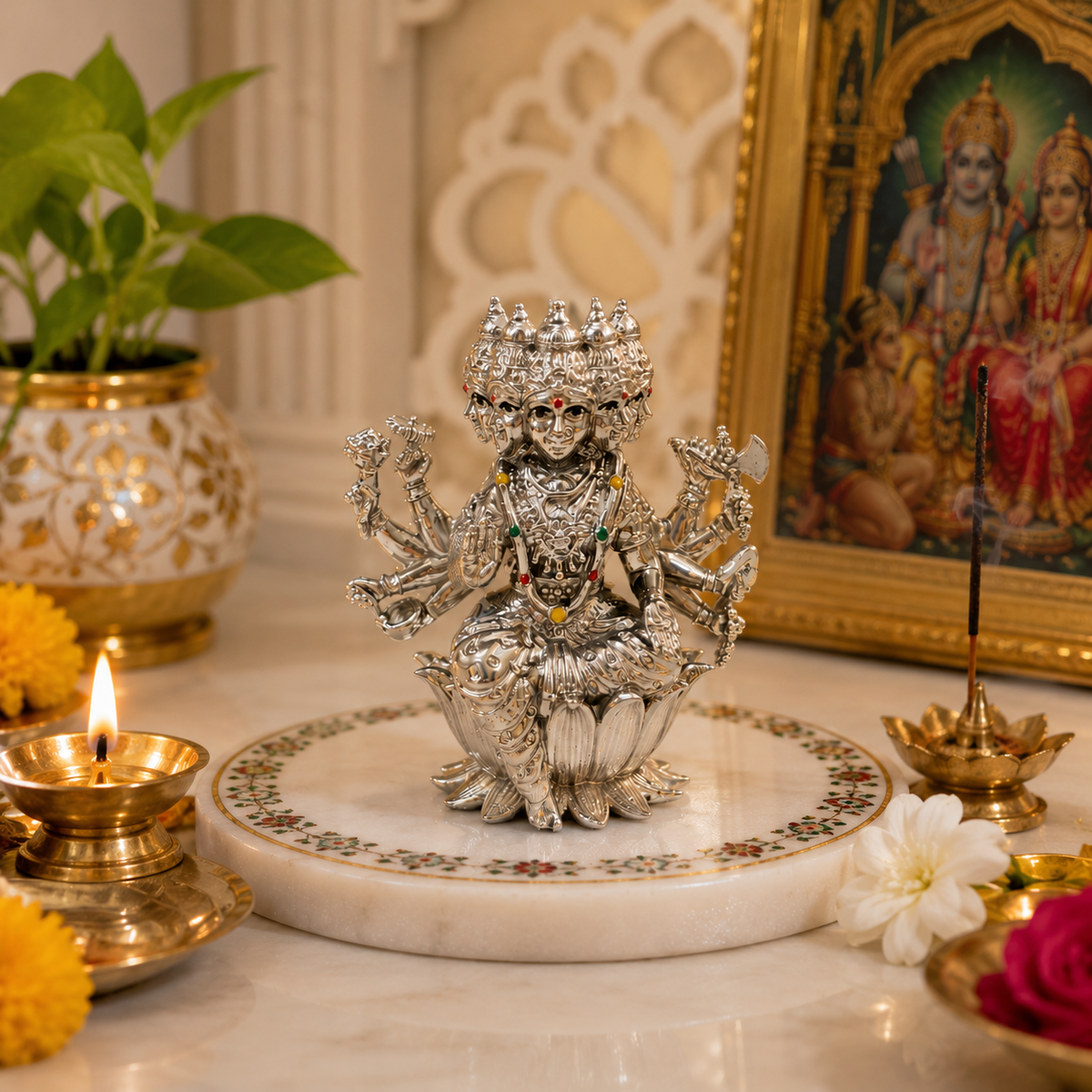 Maa Gayatri Idol | Premium Brass Idol with Silver Finish | Panchmukhi Gayatri Mata Murti for Home Temple