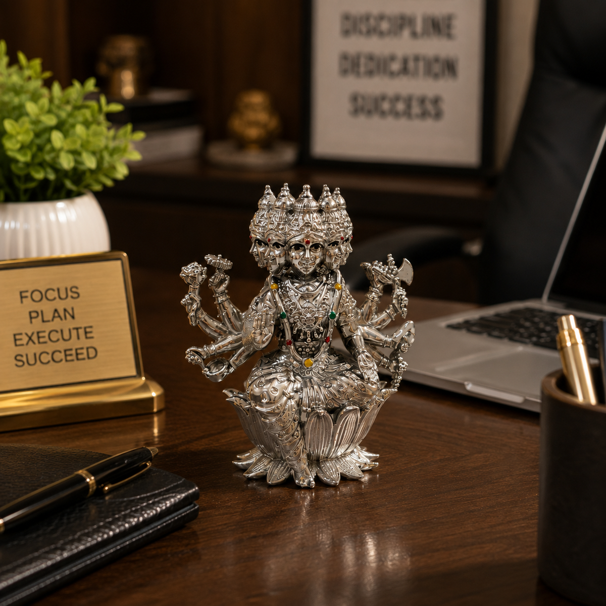 Maa Gayatri Idol | Premium Brass Idol with Silver Finish | Panchmukhi Gayatri Mata Murti for Home Temple