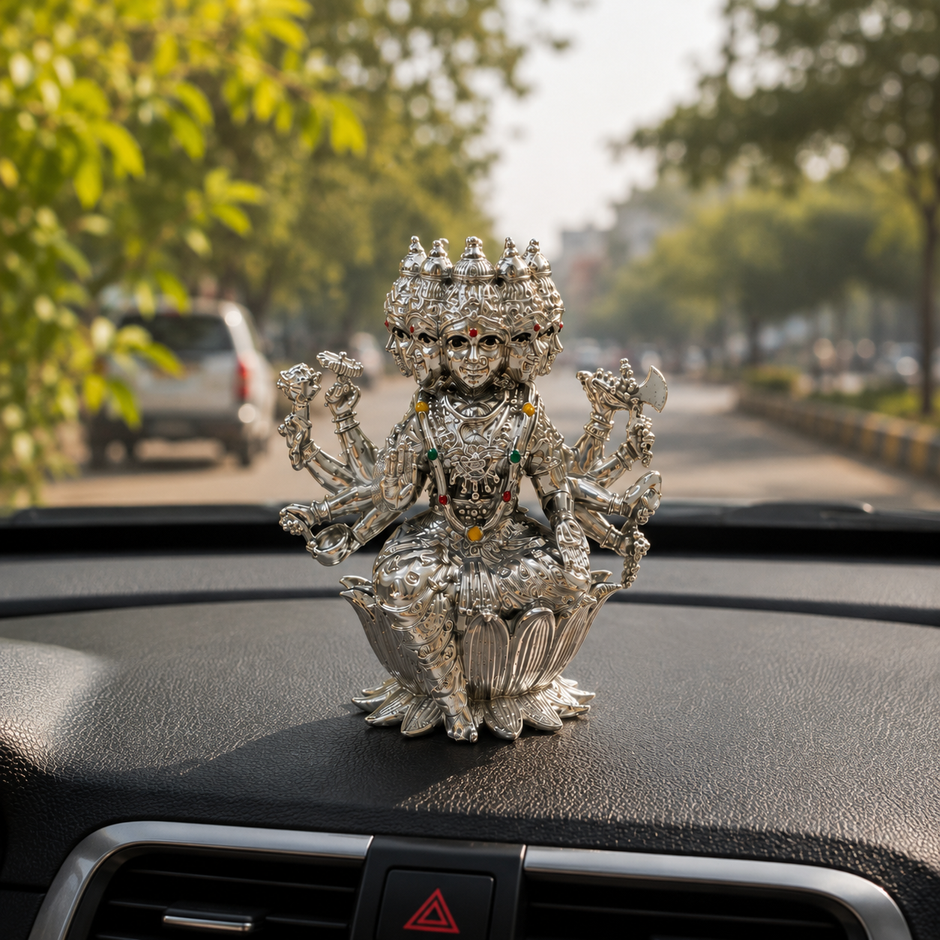 Maa Gayatri Idol | Premium Brass Idol with Silver Finish | Panchmukhi Gayatri Mata Murti for Home Temple