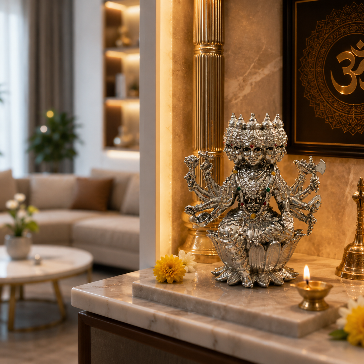 Maa Gayatri Panchmukhi Silver Finish Brass Idol on marble platform with diyas and flowers