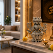 Maa Gayatri Panchmukhi Silver Finish Brass Idol on marble platform with diyas and flowers