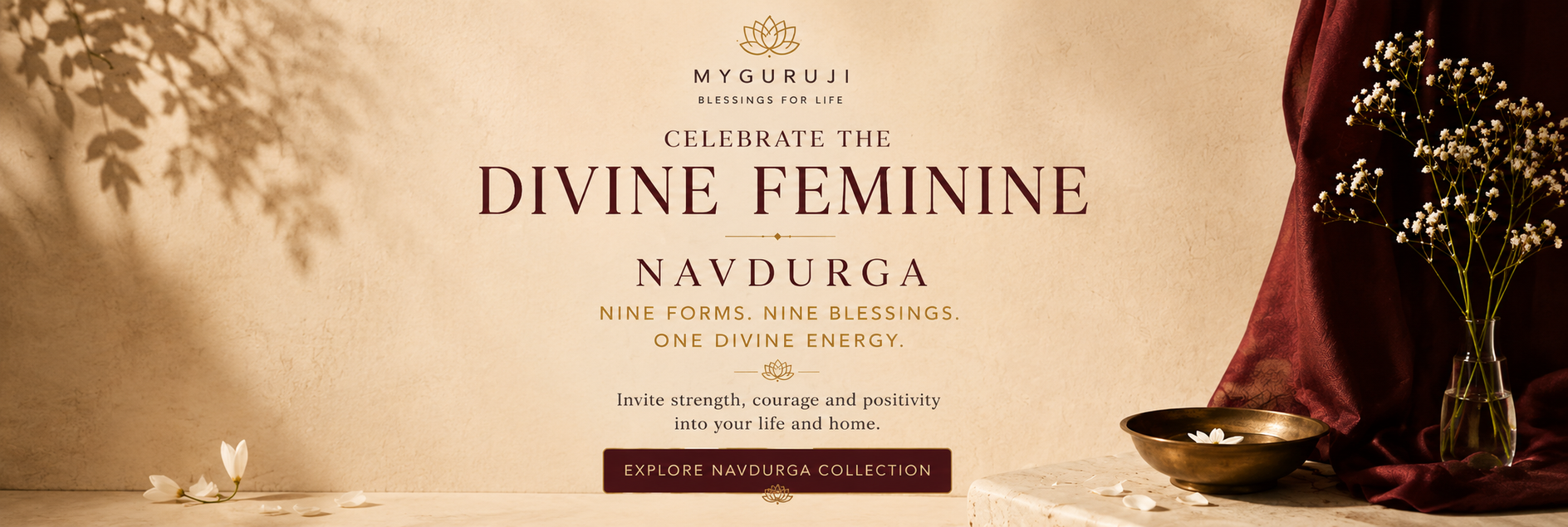 Navratri spiritual lifestyle banner featuring home, meditation, gifting and sacred space themes