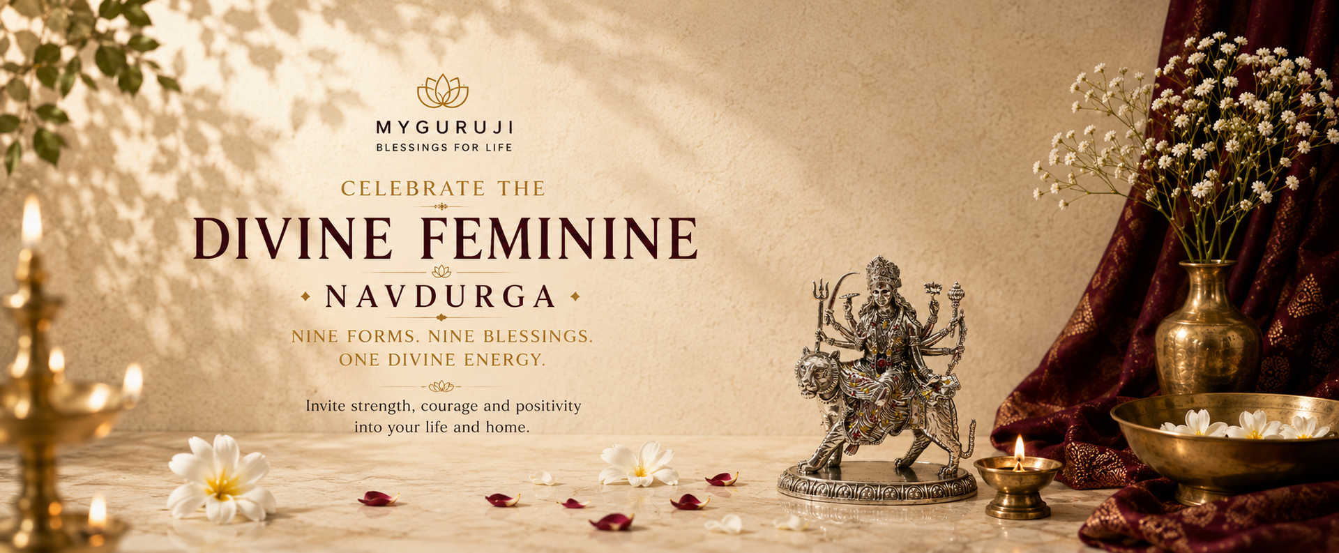 My Guru Ji Navdurga banner featuring a silver Maa Durga idol, brass diyas, flowers and festive décor celebrating the divine feminine during Navratri.