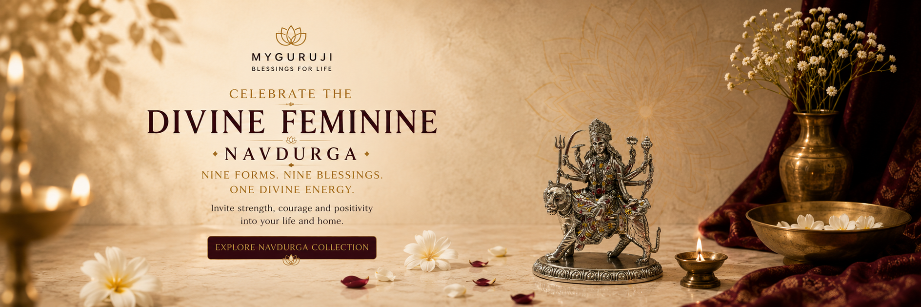 A styled banner for 'Myoruji' featuring a bronze Navdurga statue on a rustic wooden surface, surrounded by a warm beige background with text reading 'Celebrate the Divine Feminine - Navdurga'. Decorative elements include a brass vase with baby's breath, a lit candle, and scattered white flowers.